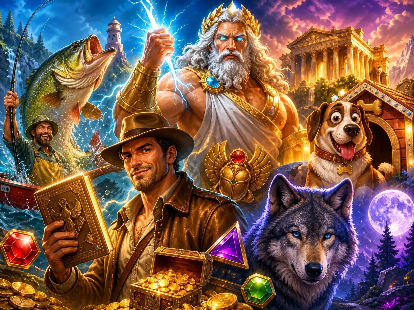 Vibrant slot game characters and worlds in premium artwork, featuring a blend of fantasy, adventure, and colorful themes.